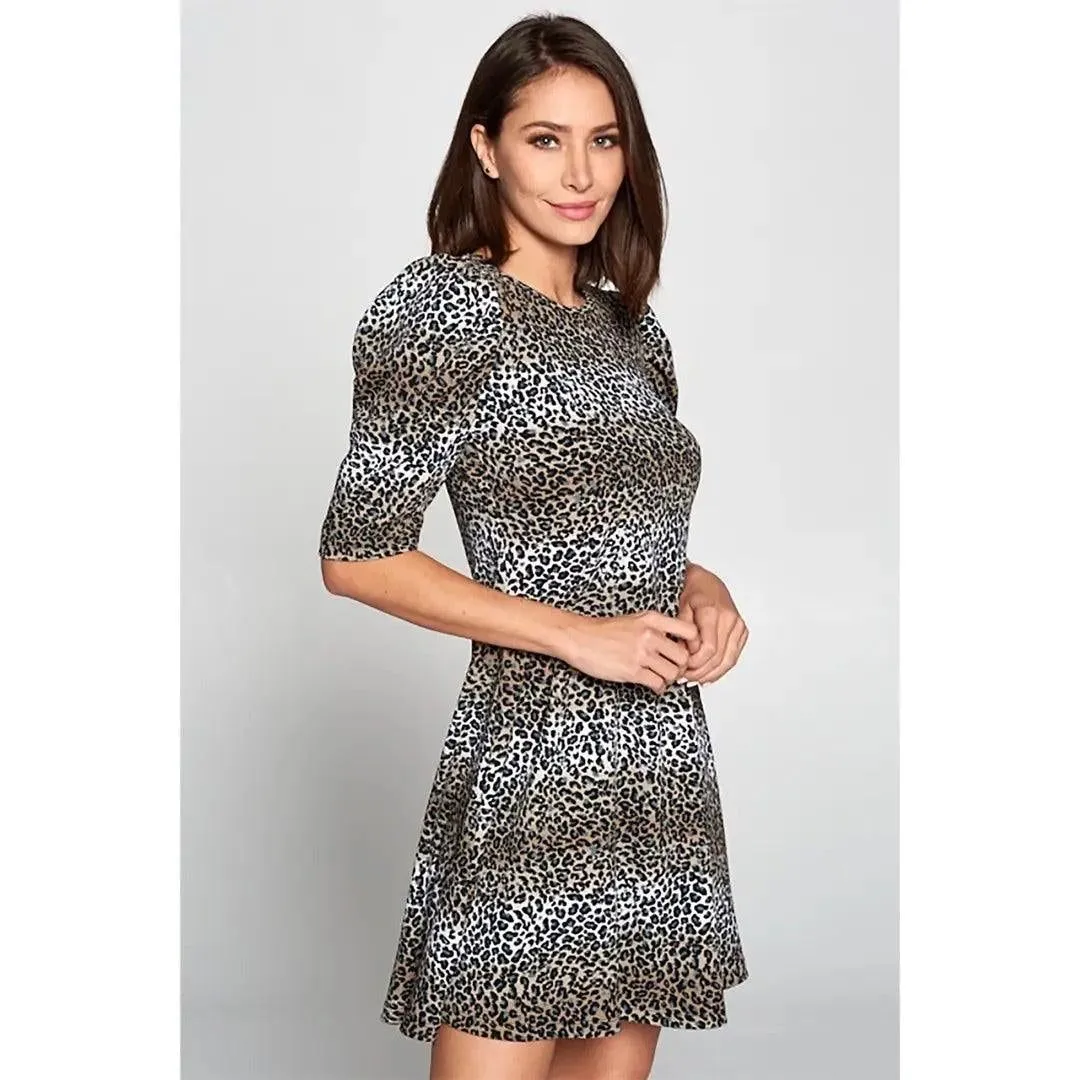 Animal Print Swing Dress with Puff Sleeve