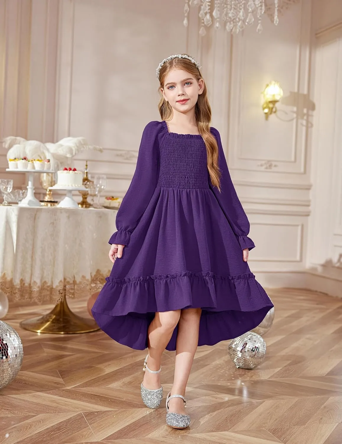 Arshiner Girls Dresses Puff Long Sleeve Fall Winter Smocked Swing Midi Dress