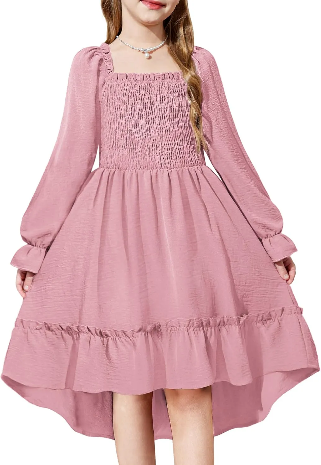 Arshiner Girls Dresses Puff Long Sleeve Fall Winter Smocked Swing Midi Dress