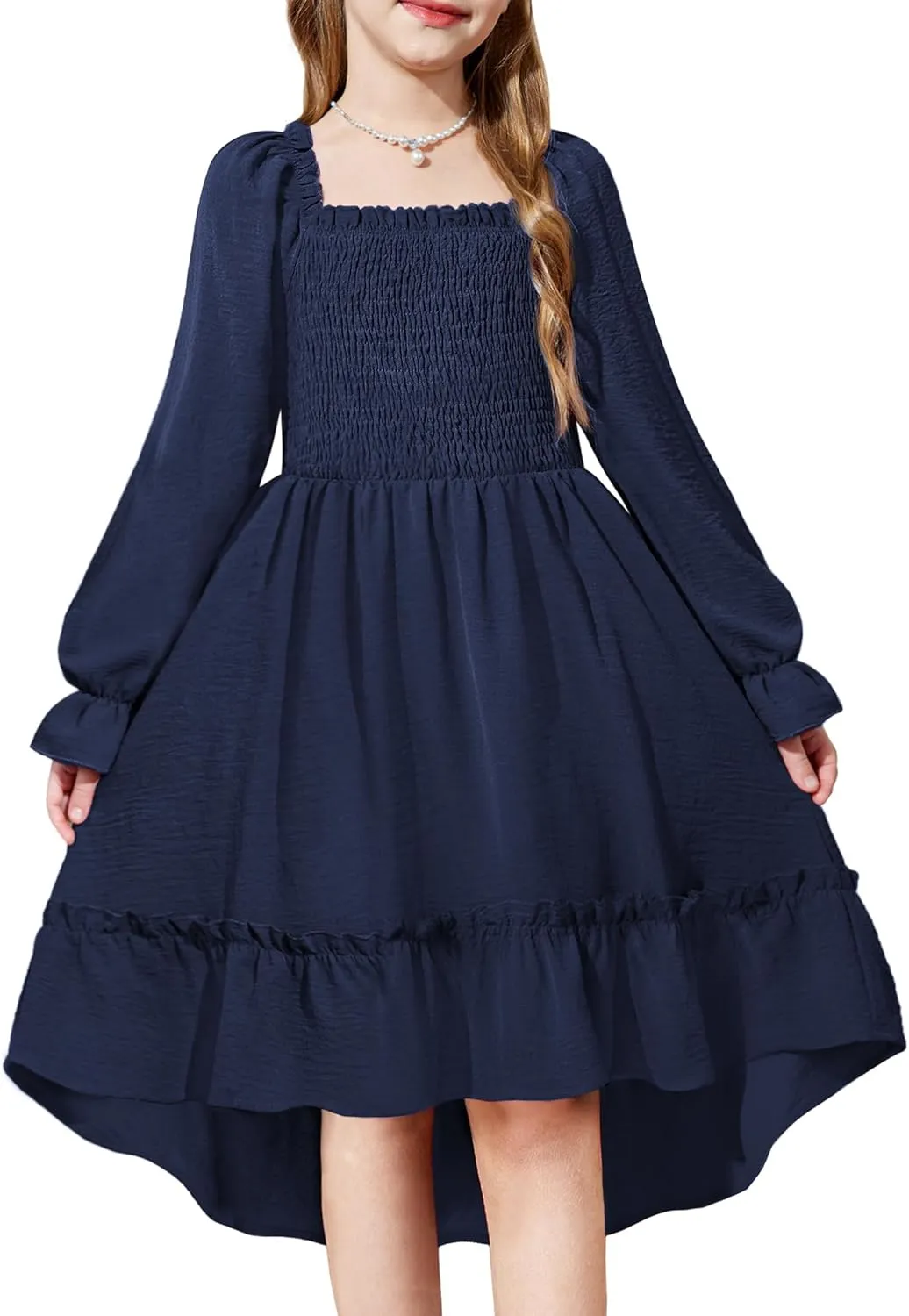 Arshiner Girls Dresses Puff Long Sleeve Fall Winter Smocked Swing Midi Dress