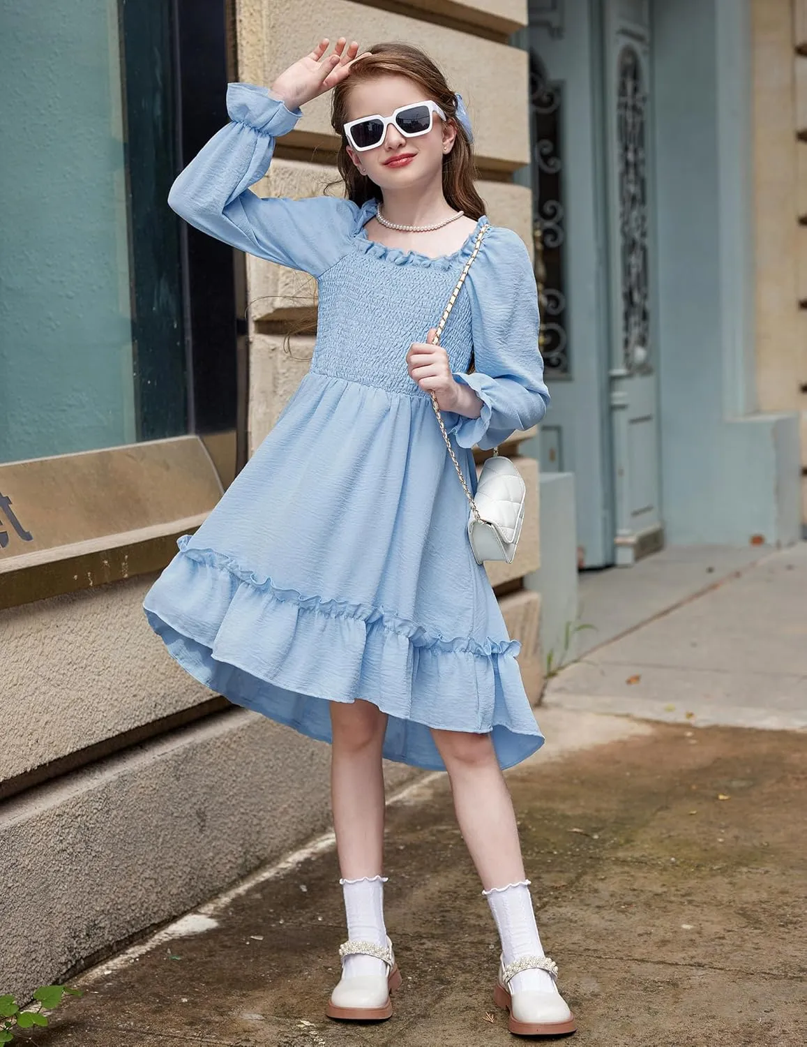 Arshiner Girls Dresses Puff Long Sleeve Fall Winter Smocked Swing Midi Dress