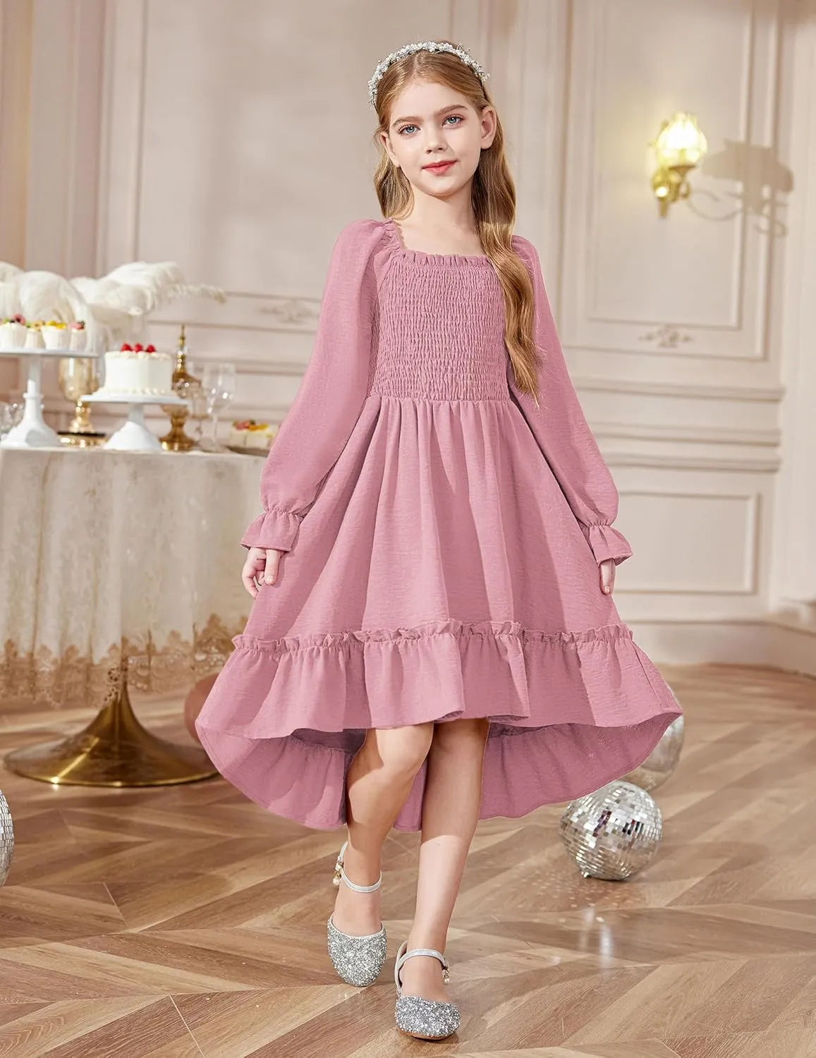 Arshiner Girls Dresses Puff Long Sleeve Fall Winter Smocked Swing Midi Dress