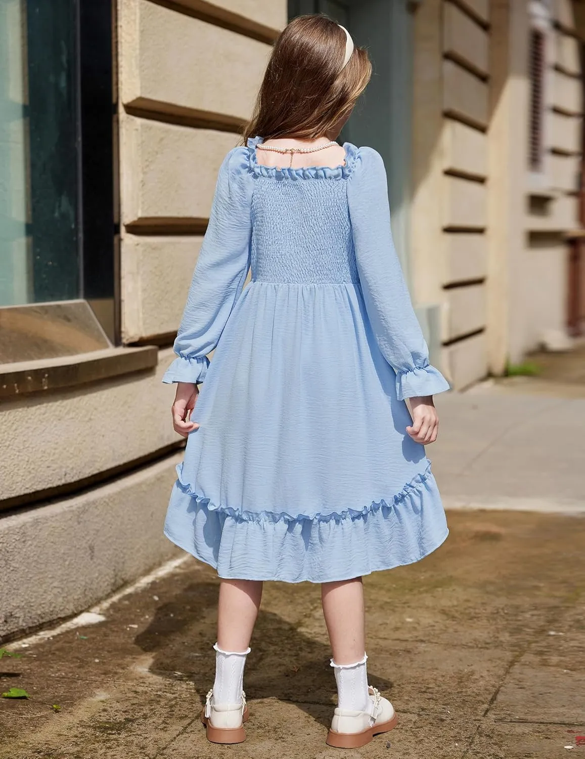 Arshiner Girls Dresses Puff Long Sleeve Fall Winter Smocked Swing Midi Dress