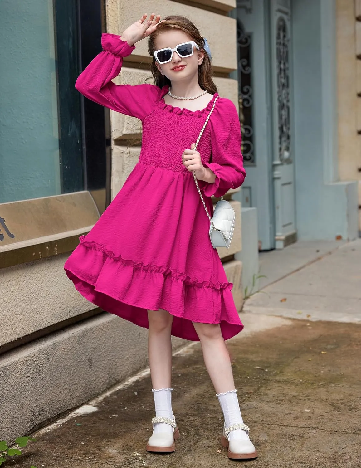 Arshiner Girls Dresses Puff Long Sleeve Fall Winter Smocked Swing Midi Dress