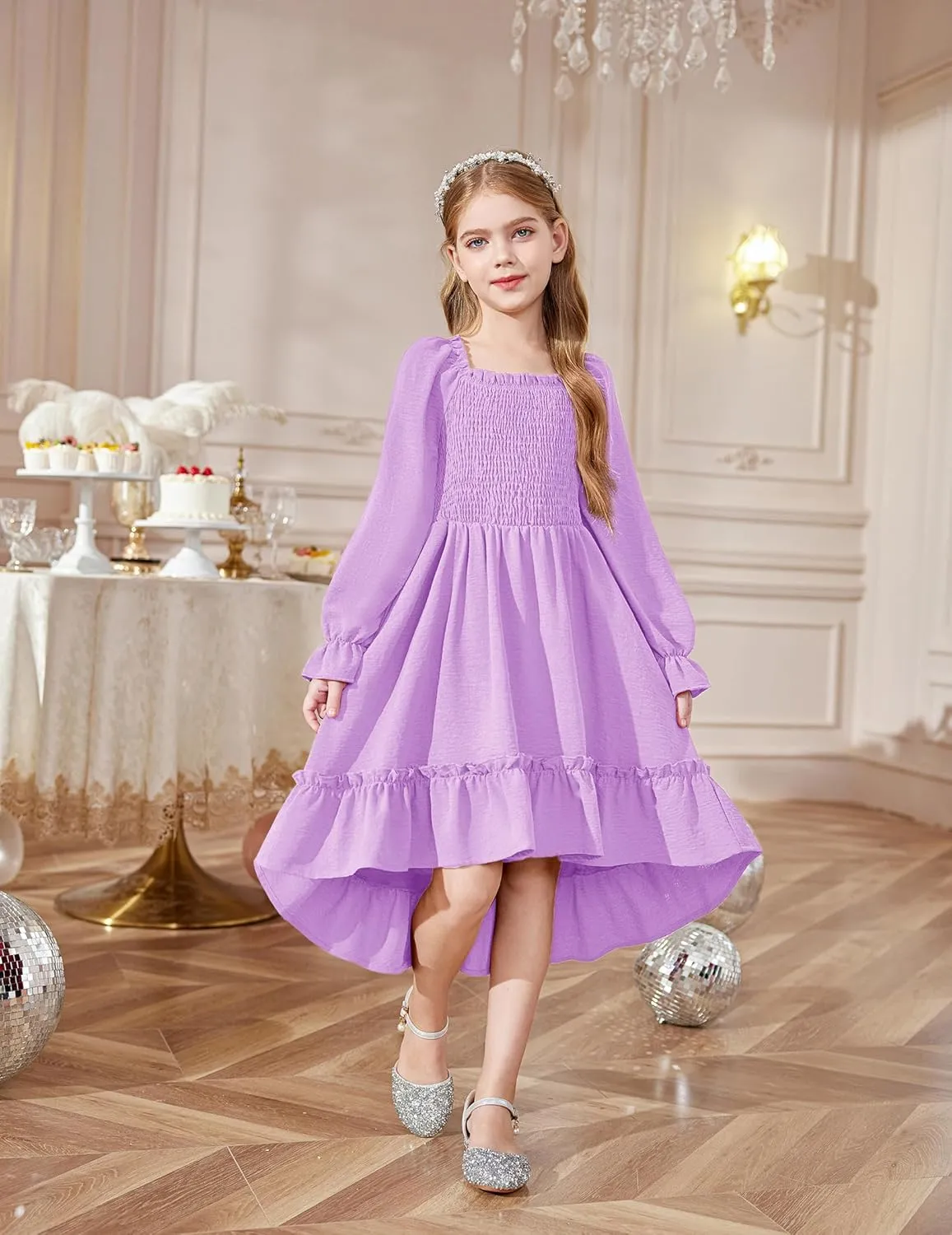 Arshiner Girls Dresses Puff Long Sleeve Fall Winter Smocked Swing Midi Dress