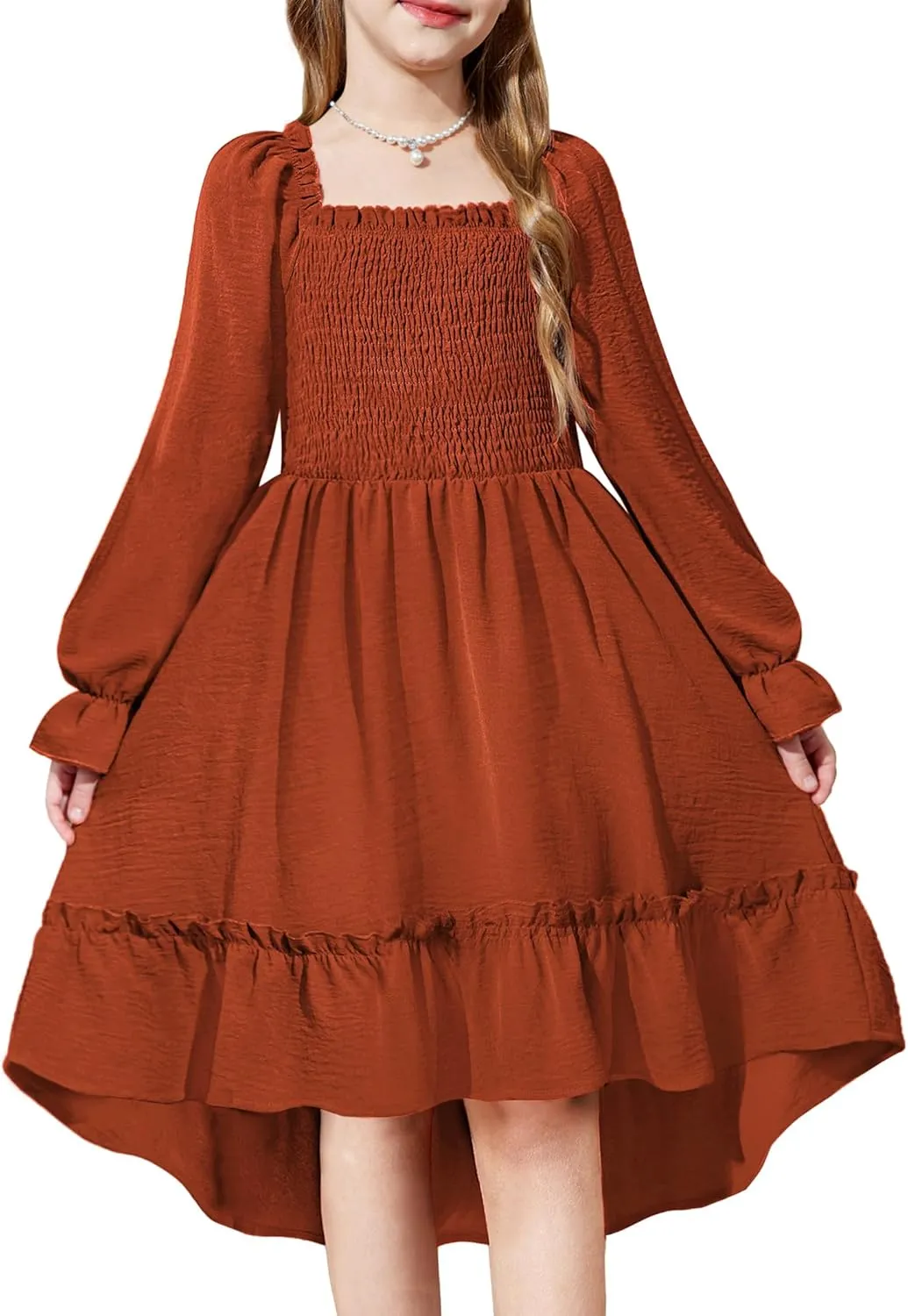 Arshiner Girls Dresses Puff Long Sleeve Fall Winter Smocked Swing Midi Dress