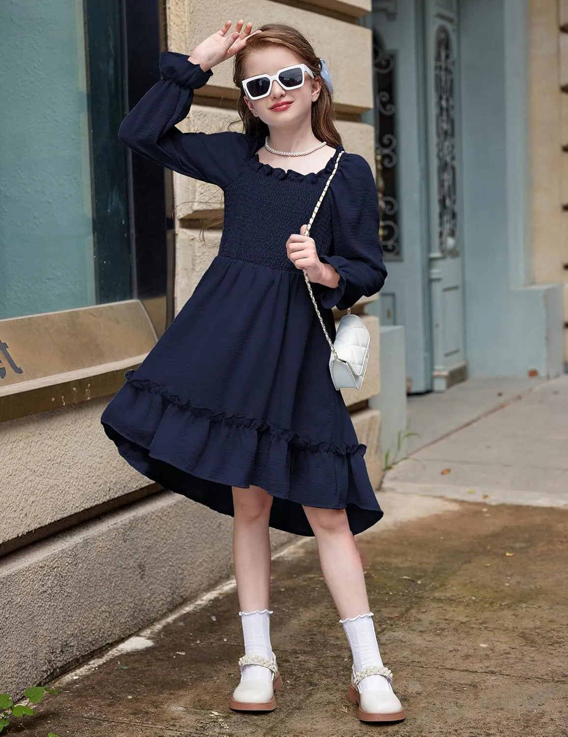 Arshiner Girls Dresses Puff Long Sleeve Fall Winter Smocked Swing Midi Dress