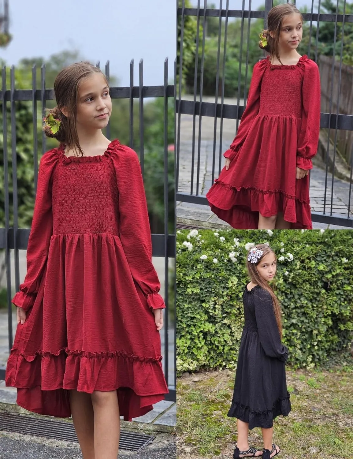 Arshiner Girls Dresses Puff Long Sleeve Fall Winter Smocked Swing Midi Dress