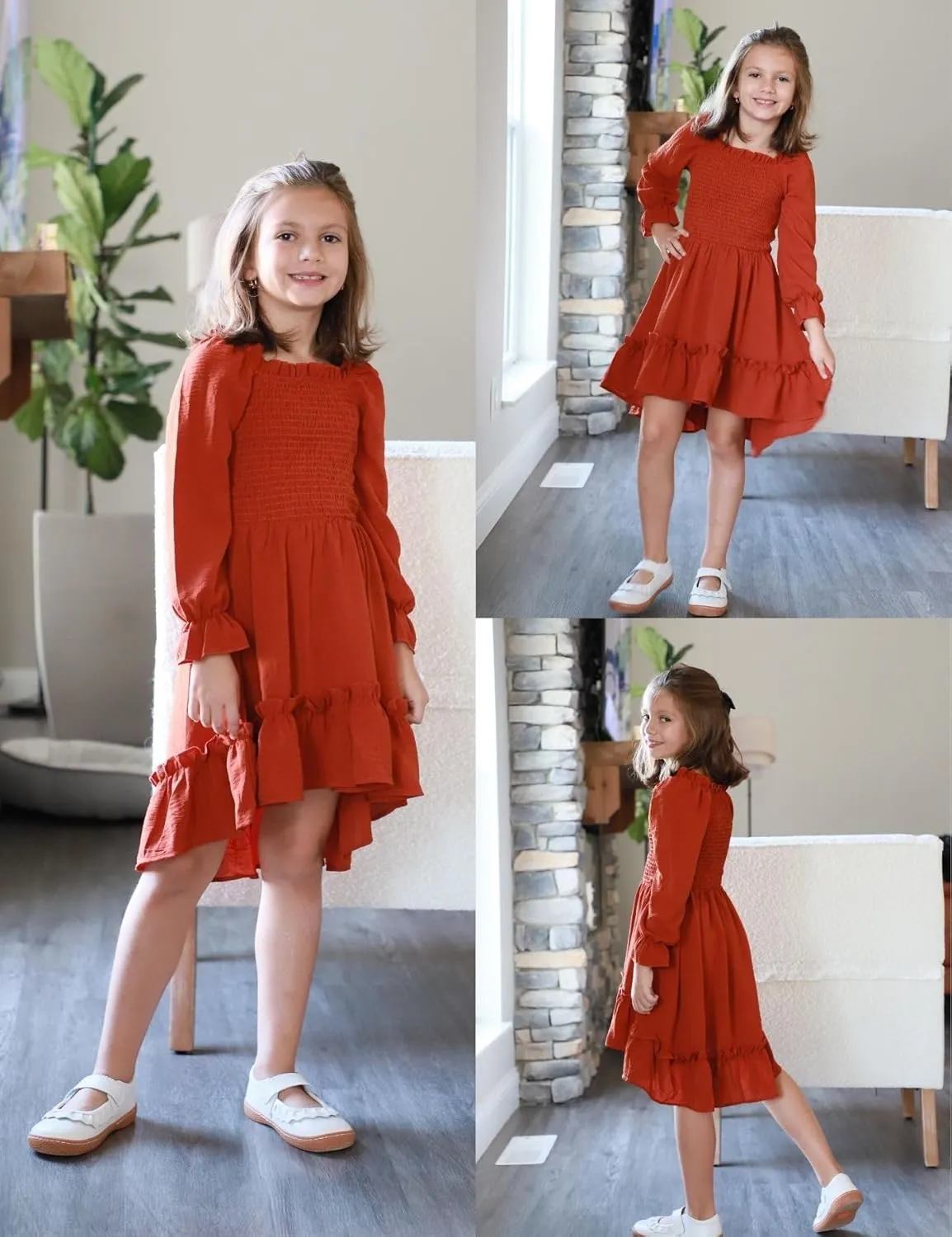 Arshiner Girls Dresses Puff Long Sleeve Fall Winter Smocked Swing Midi Dress