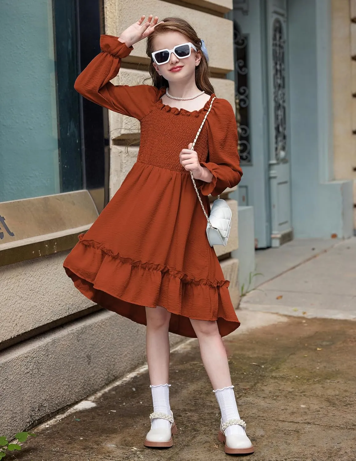 Arshiner Girls Dresses Puff Long Sleeve Fall Winter Smocked Swing Midi Dress