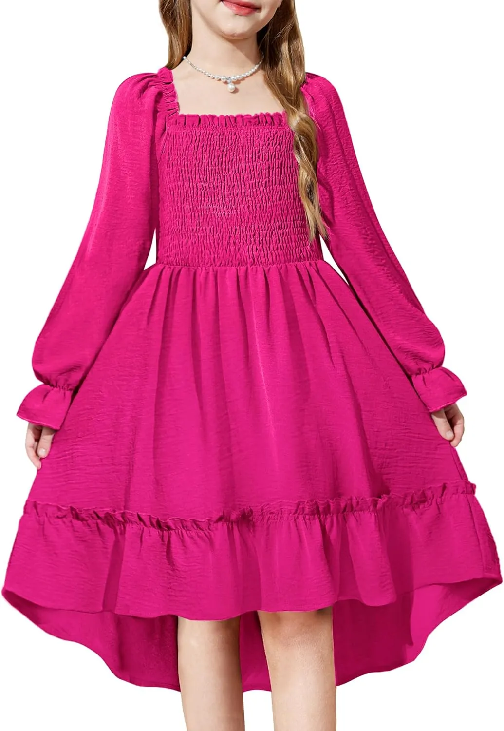 Arshiner Girls Dresses Puff Long Sleeve Fall Winter Smocked Swing Midi Dress