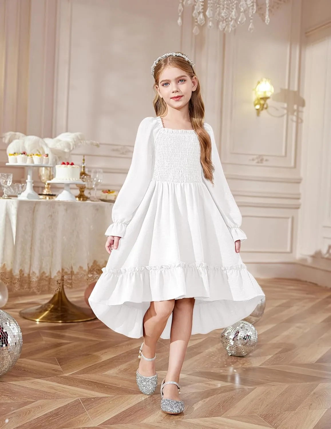 Arshiner Girls Dresses Puff Long Sleeve Fall Winter Smocked Swing Midi Dress