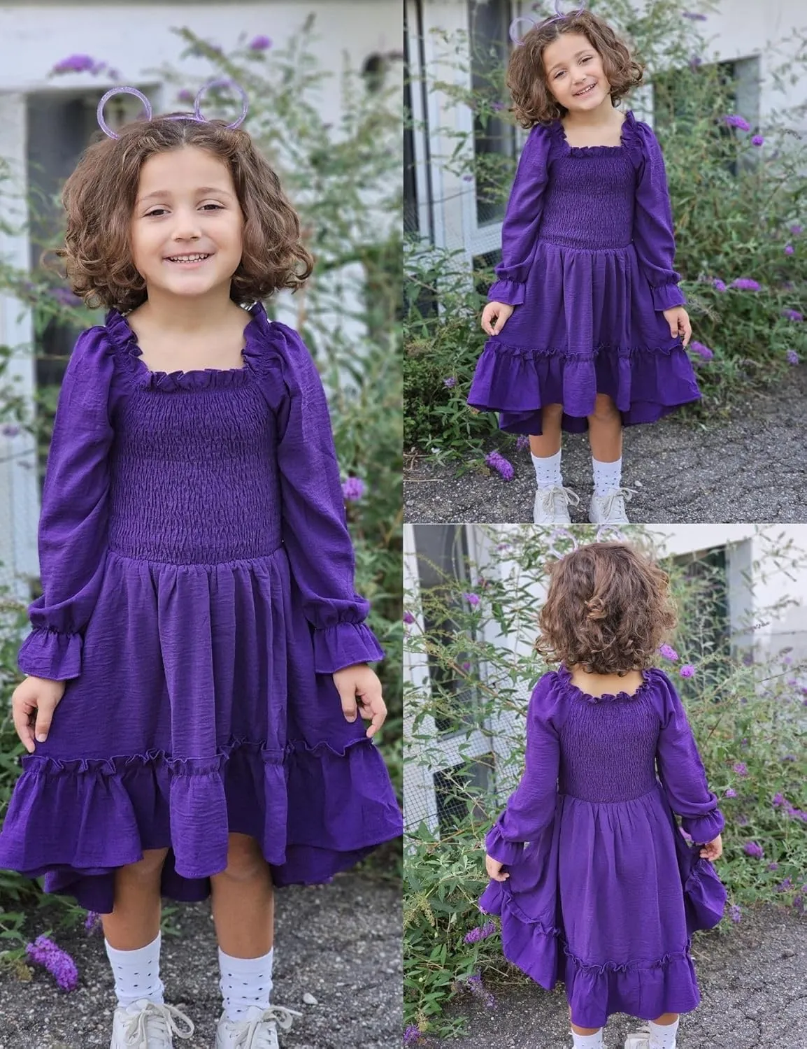 Arshiner Girls Dresses Puff Long Sleeve Fall Winter Smocked Swing Midi Dress