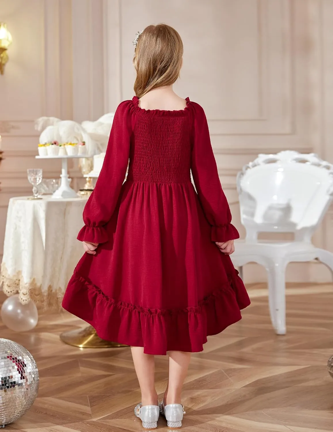 Arshiner Girls Dresses Puff Long Sleeve Fall Winter Smocked Swing Midi Dress