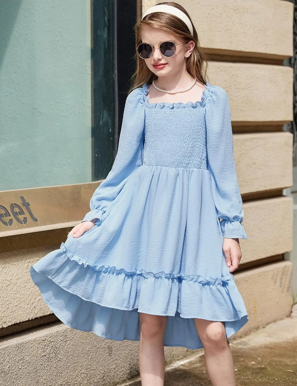 Arshiner Girls Dresses Puff Long Sleeve Fall Winter Smocked Swing Midi Dress