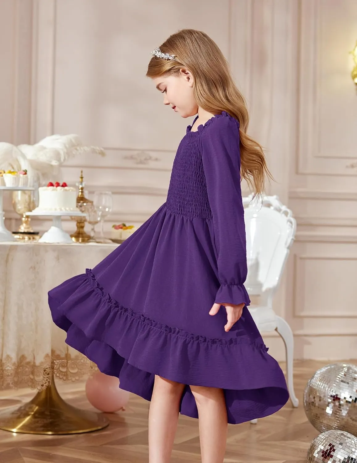 Arshiner Girls Dresses Puff Long Sleeve Fall Winter Smocked Swing Midi Dress