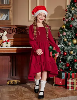 Arshiner Girls Dresses Puff Long Sleeve Fall Winter Smocked Swing Midi Dress