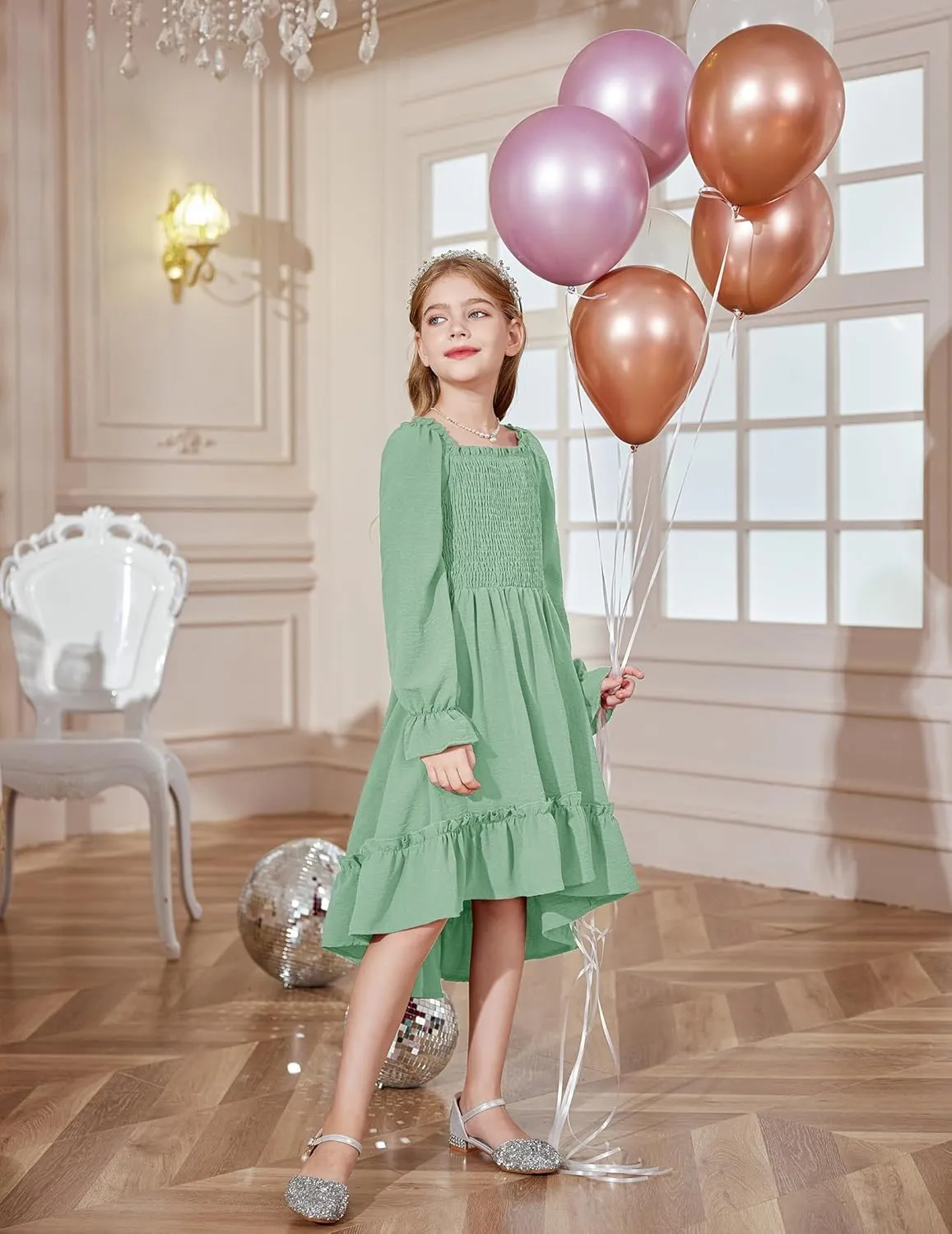 Arshiner Girls Dresses Puff Long Sleeve Fall Winter Smocked Swing Midi Dress