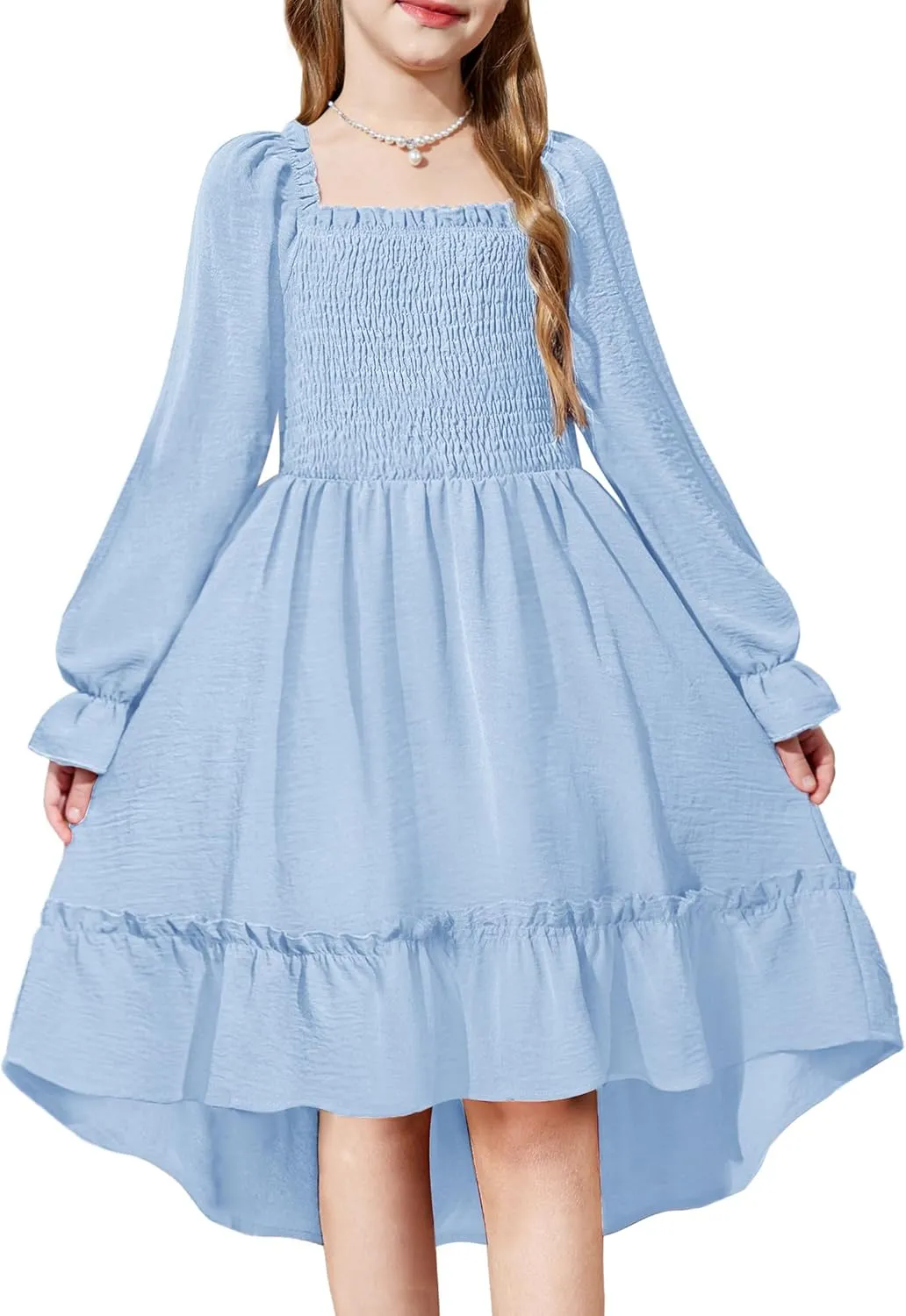 Arshiner Girls Dresses Puff Long Sleeve Fall Winter Smocked Swing Midi Dress