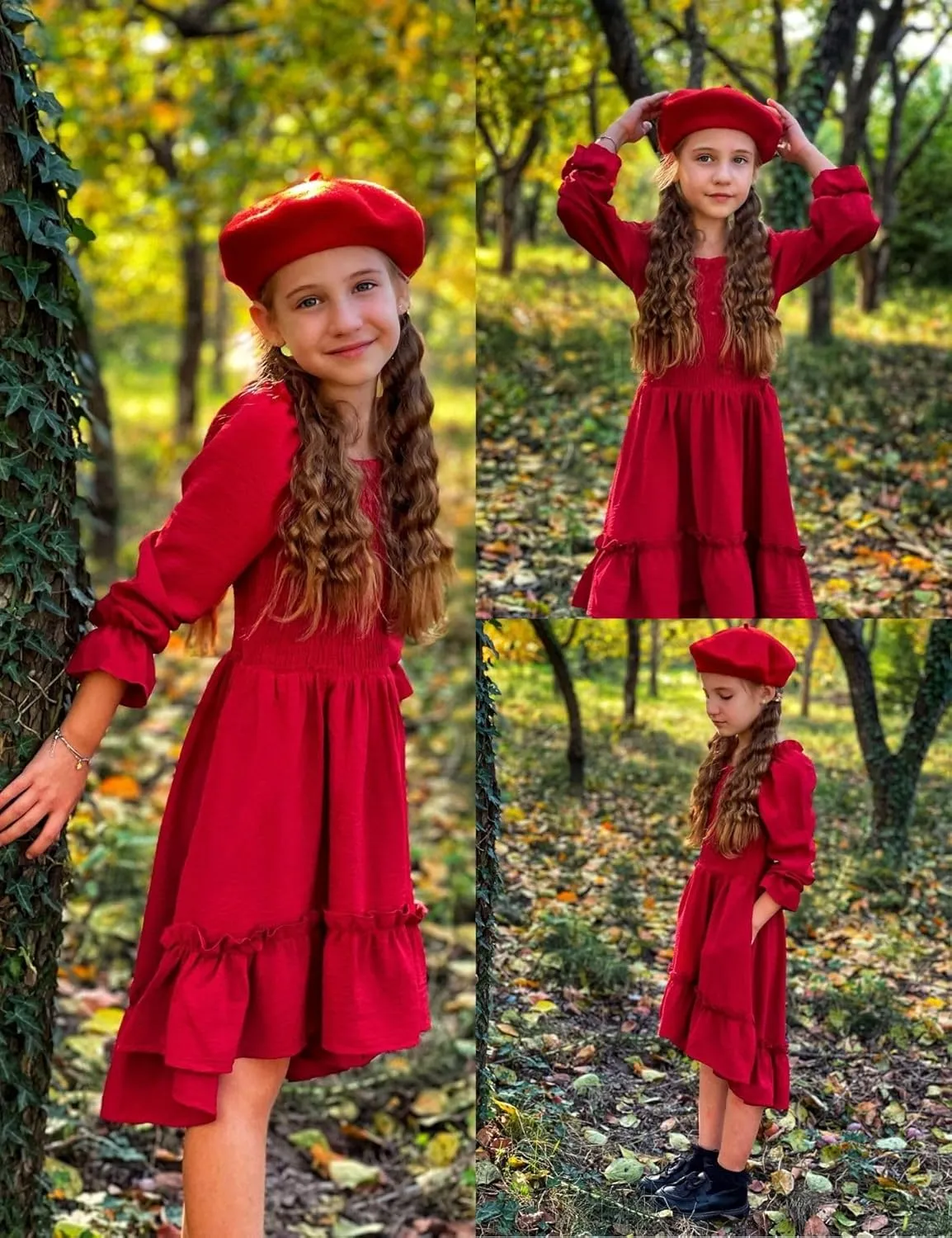 Arshiner Girls Dresses Puff Long Sleeve Fall Winter Smocked Swing Midi Dress