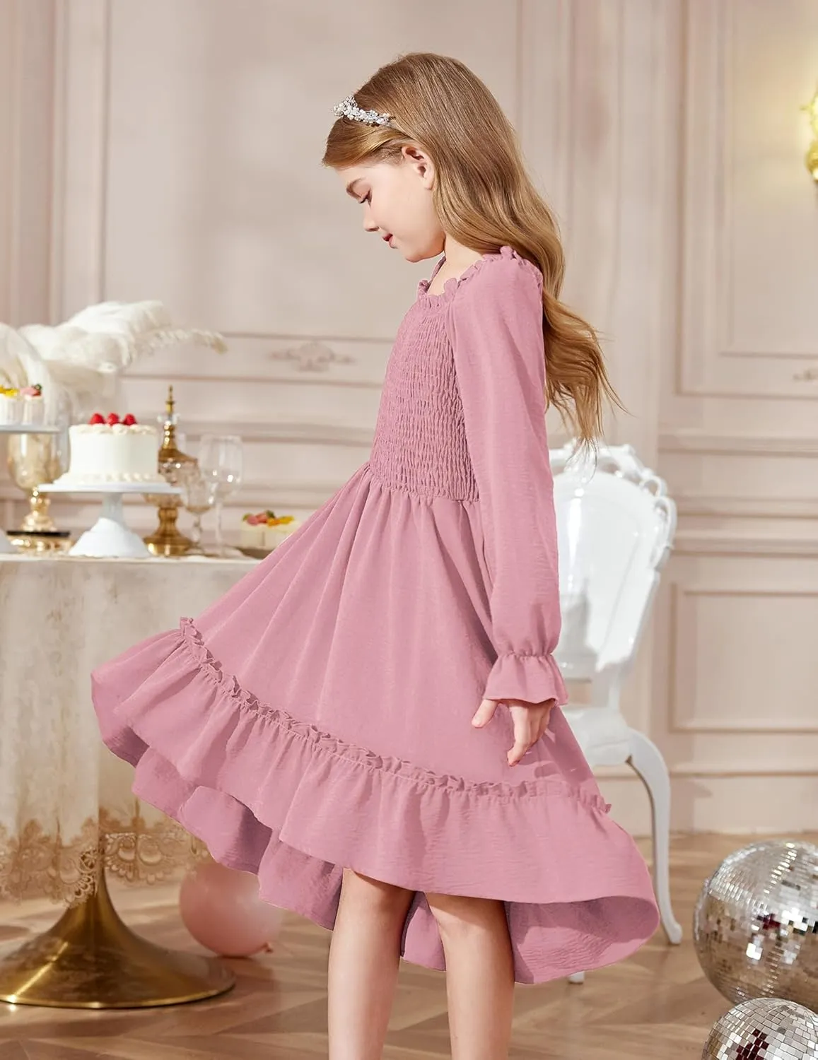 Arshiner Girls Dresses Puff Long Sleeve Fall Winter Smocked Swing Midi Dress