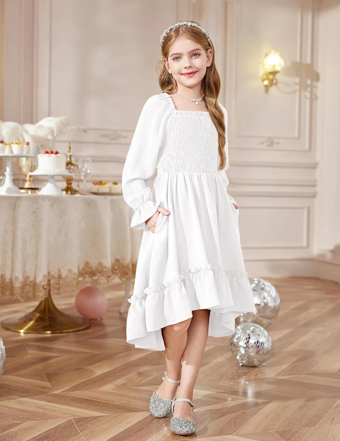 Arshiner Girls Dresses Puff Long Sleeve Fall Winter Smocked Swing Midi Dress