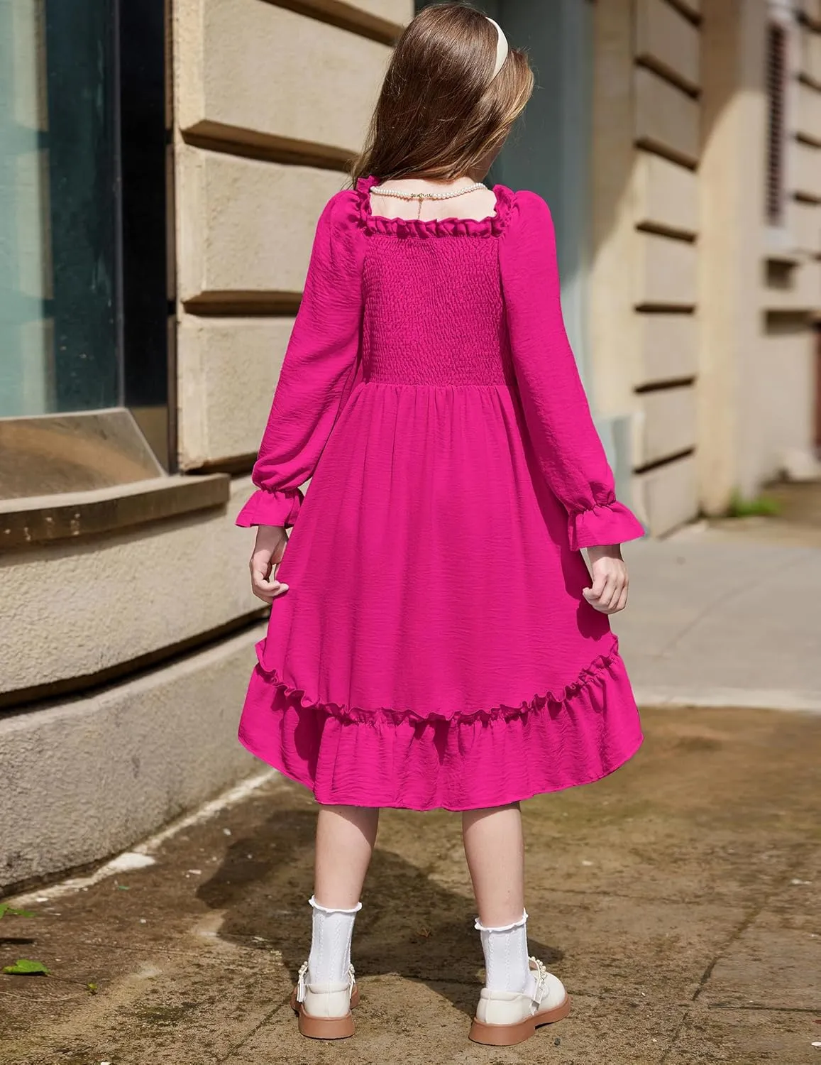 Arshiner Girls Dresses Puff Long Sleeve Fall Winter Smocked Swing Midi Dress