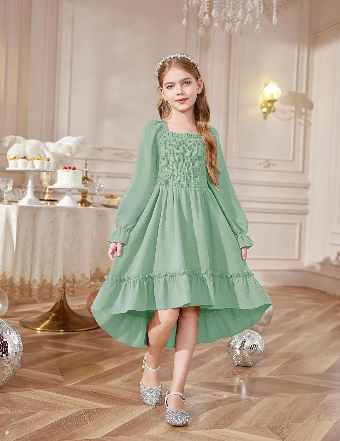 Arshiner Girls Dresses Puff Long Sleeve Fall Winter Smocked Swing Midi Dress