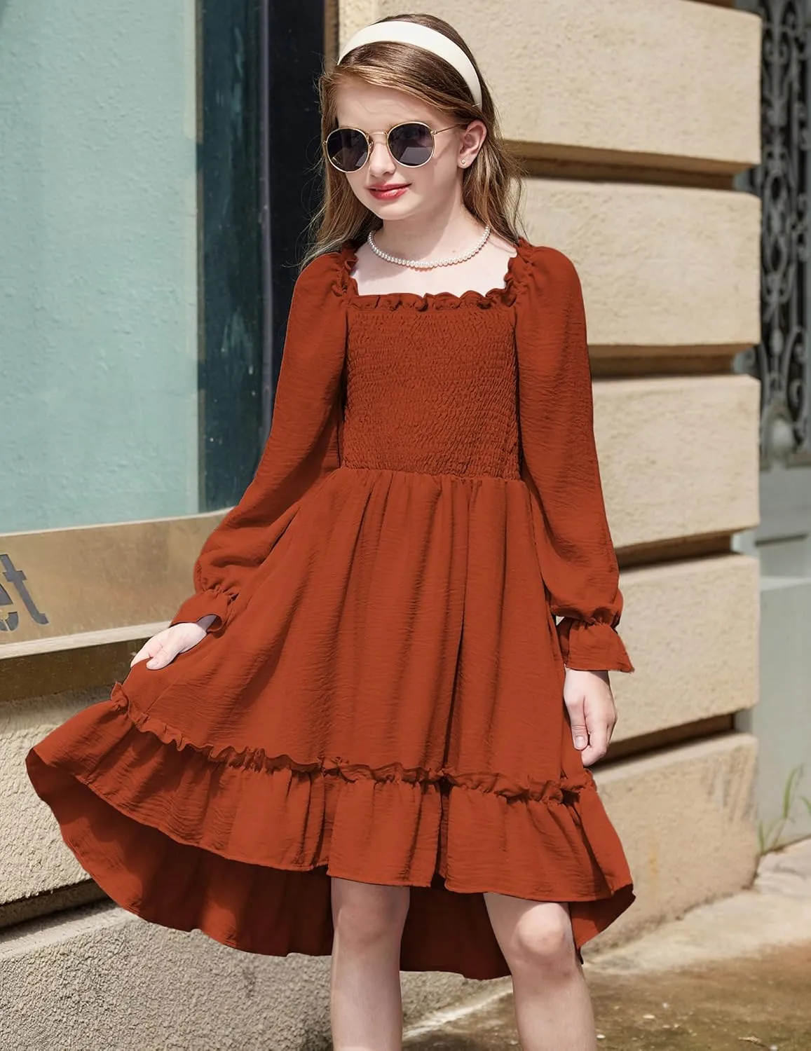 Arshiner Girls Dresses Puff Long Sleeve Fall Winter Smocked Swing Midi Dress