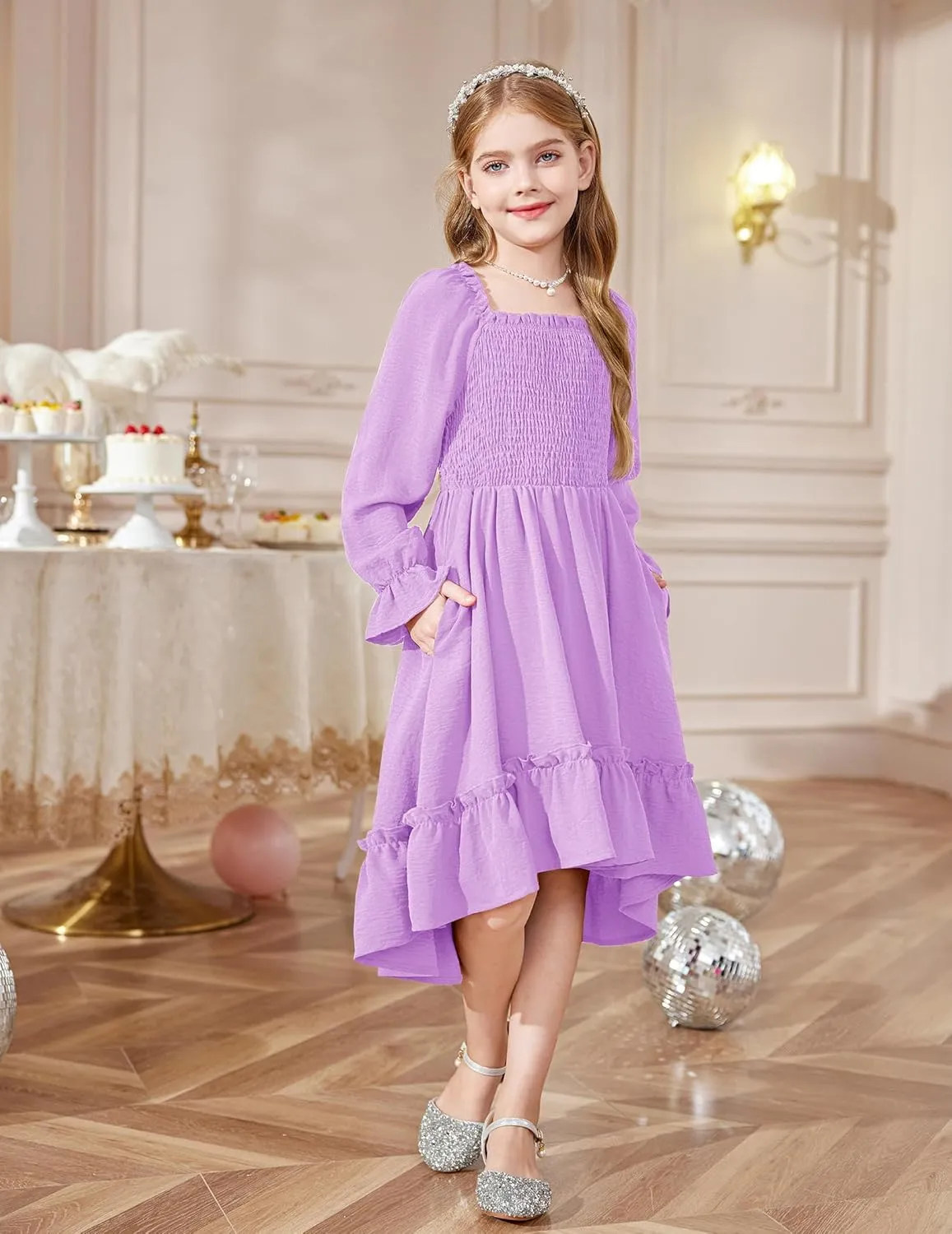 Arshiner Girls Dresses Puff Long Sleeve Fall Winter Smocked Swing Midi Dress