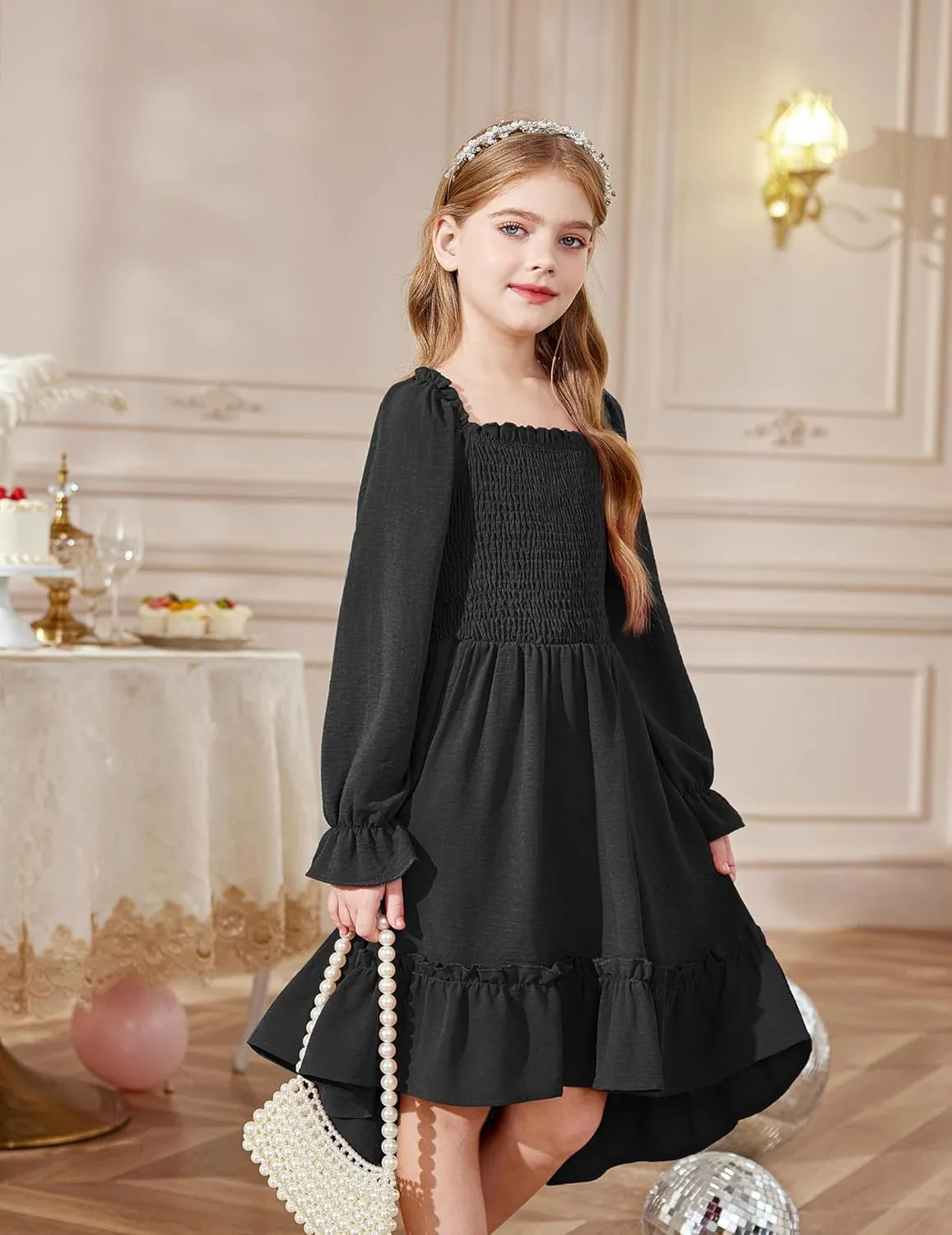 Arshiner Girls Dresses Puff Long Sleeve Fall Winter Smocked Swing Midi Dress