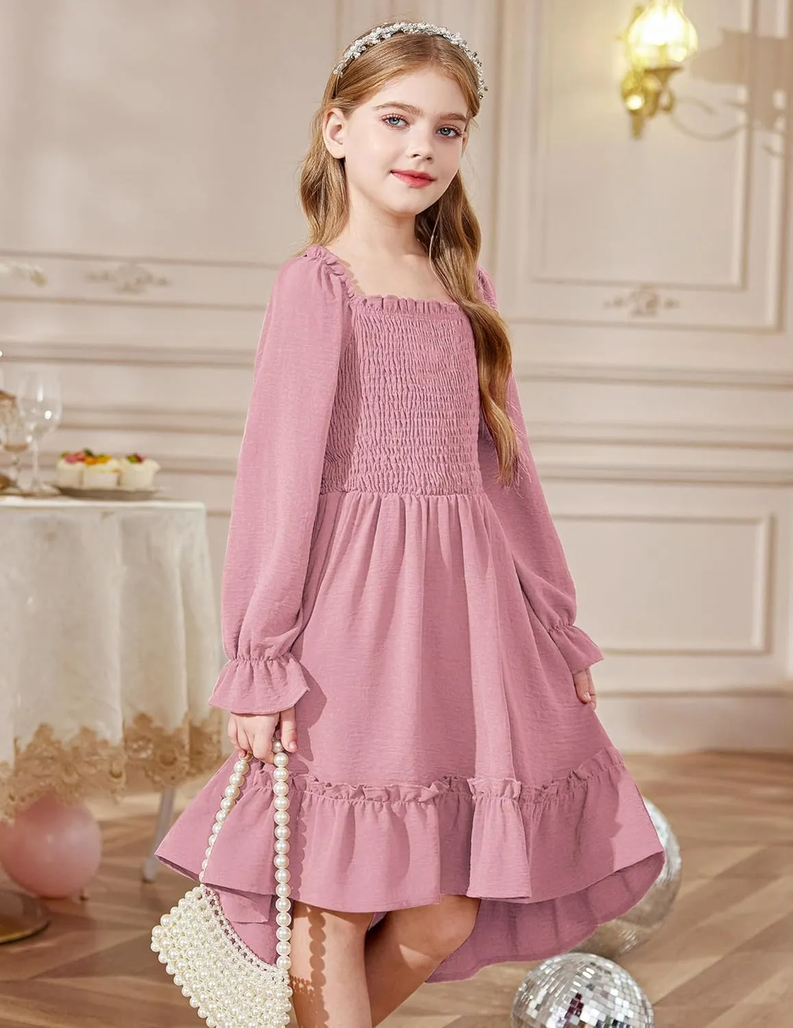 Arshiner Girls Dresses Puff Long Sleeve Fall Winter Smocked Swing Midi Dress