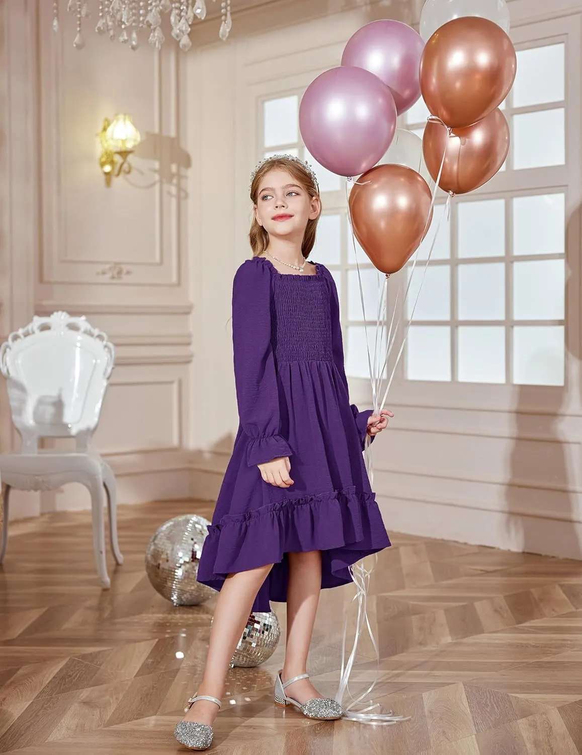 Arshiner Girls Dresses Puff Long Sleeve Fall Winter Smocked Swing Midi Dress