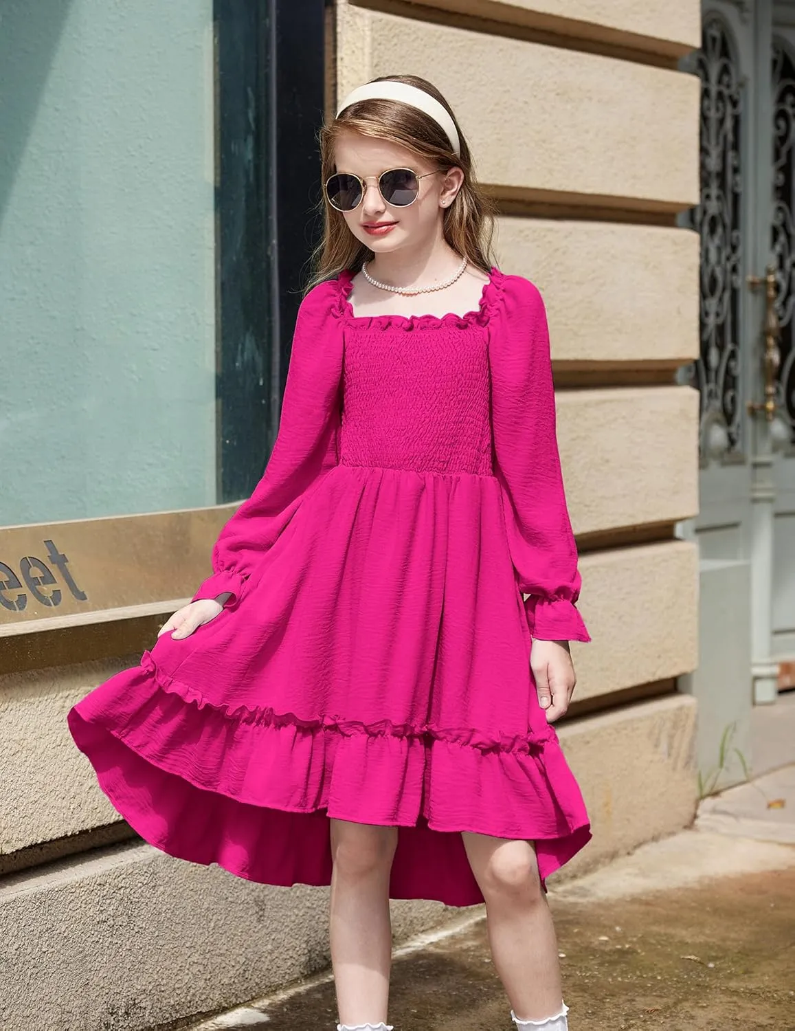 Arshiner Girls Dresses Puff Long Sleeve Fall Winter Smocked Swing Midi Dress