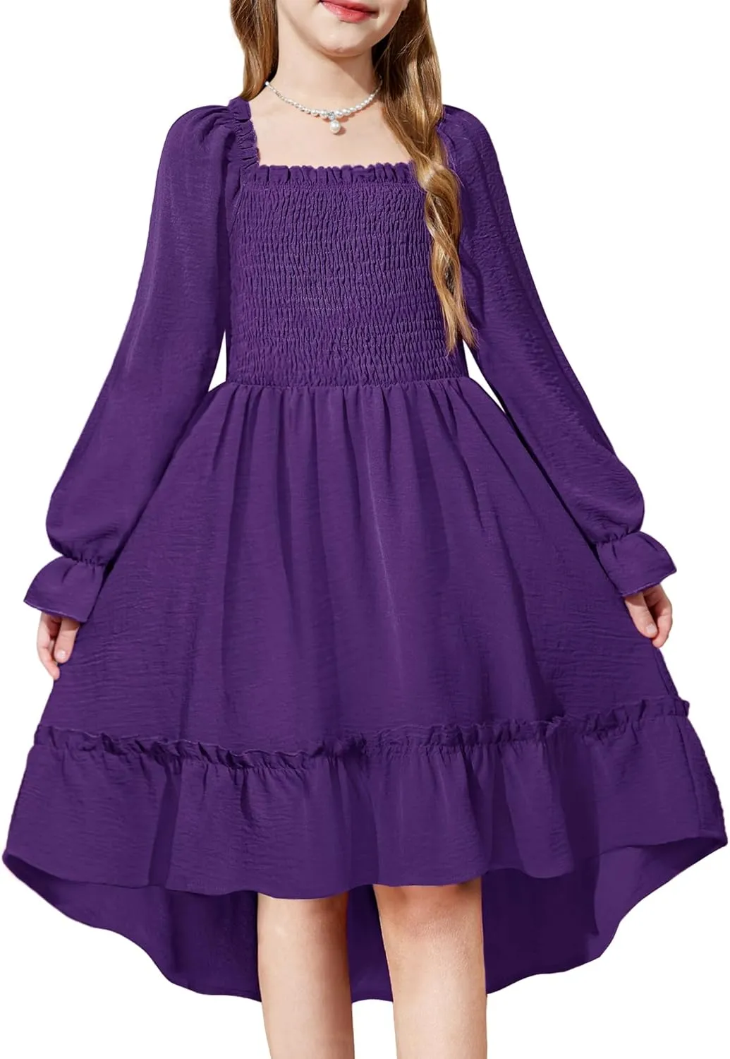 Arshiner Girls Dresses Puff Long Sleeve Fall Winter Smocked Swing Midi Dress