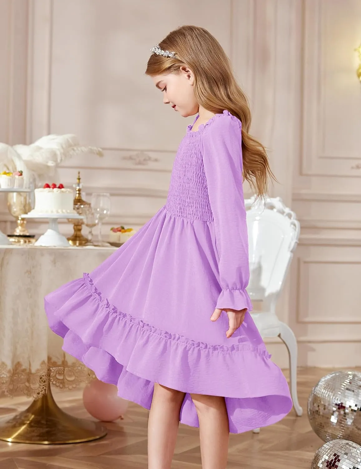 Arshiner Girls Dresses Puff Long Sleeve Fall Winter Smocked Swing Midi Dress