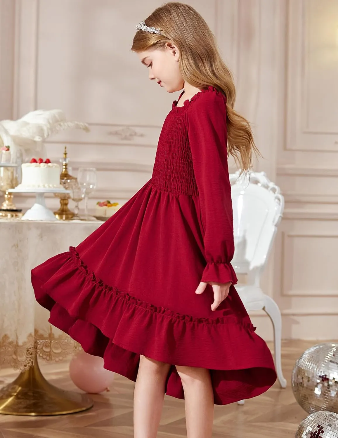 Arshiner Girls Dresses Puff Long Sleeve Fall Winter Smocked Swing Midi Dress