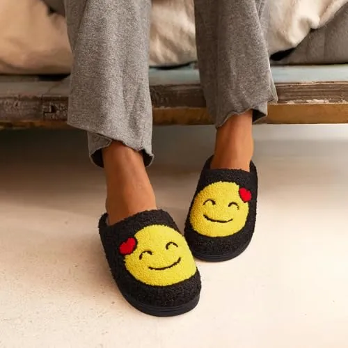 ATHMILE Smiley Face Slippers for Women Men Preppy Slippers House Fuzzy Indoor Outdoor Bedroom Smiley Happy Face Retro Fluffy Cozy Comfy Warm Soft Plush Slides Slippers