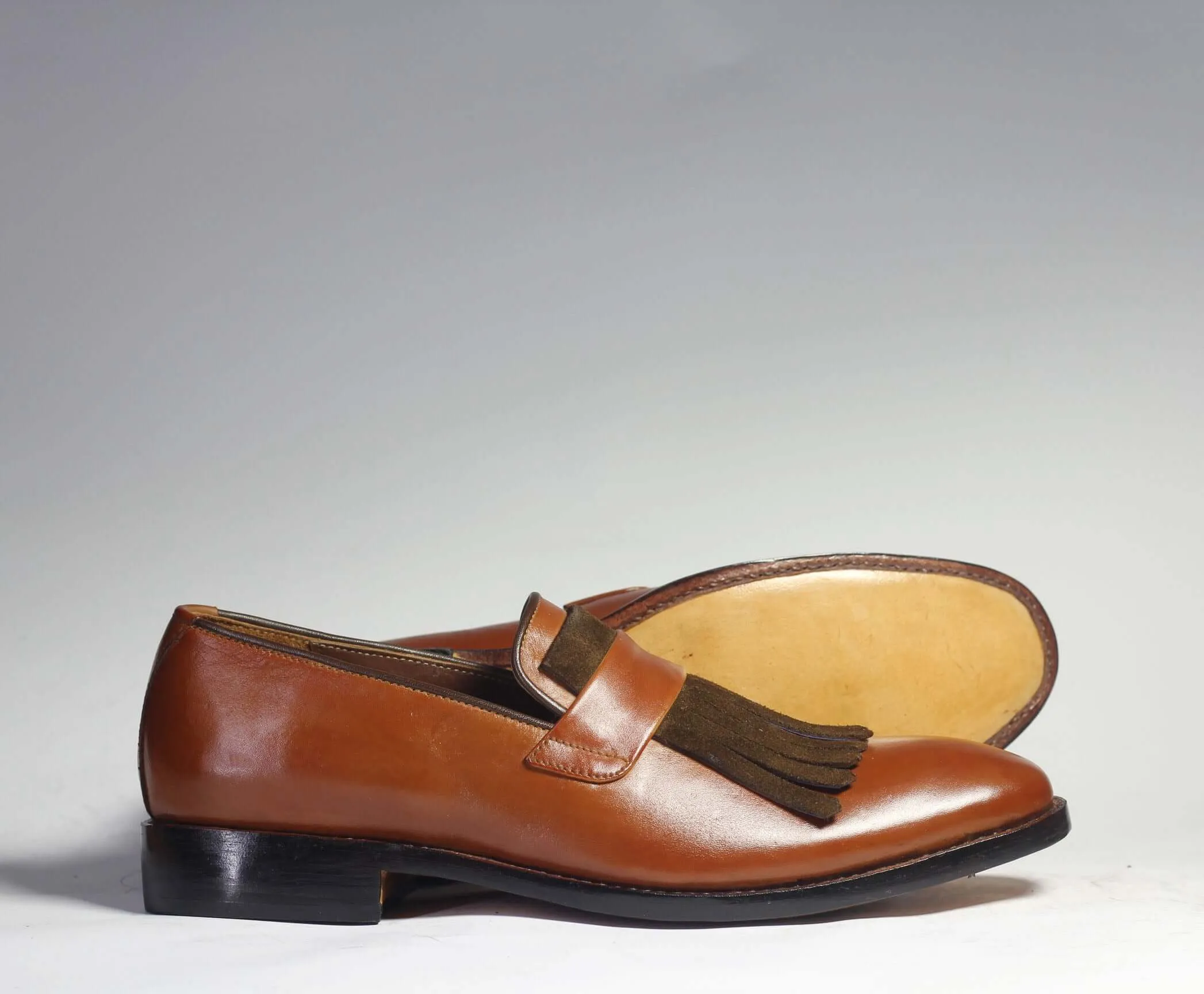 Bespoke Brown Leather Fringe Loafer Shoe for Men