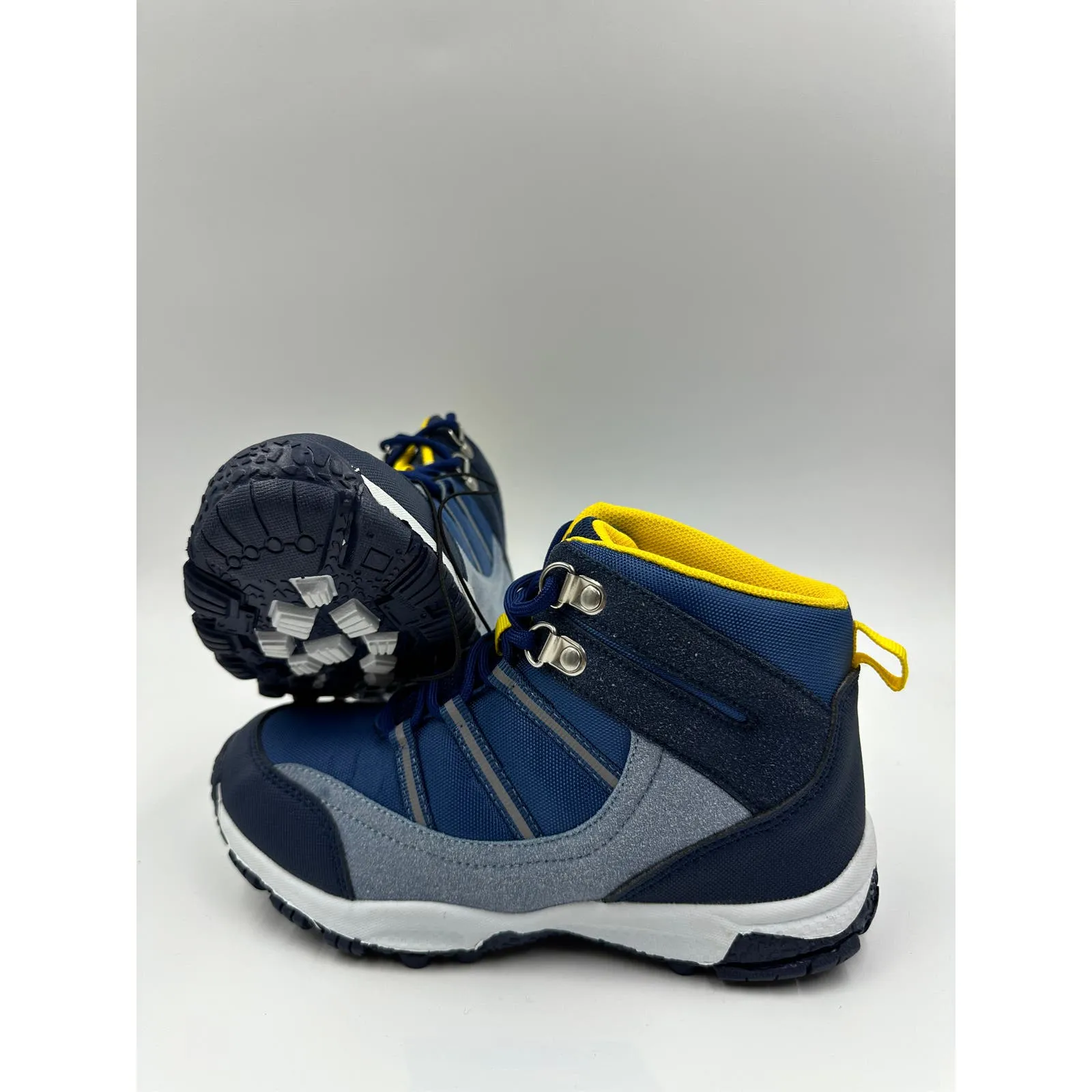 Big Kid Size 3, High Top Blue Hikers w/ Yellow & Gray Accents Rubber Toe Cap