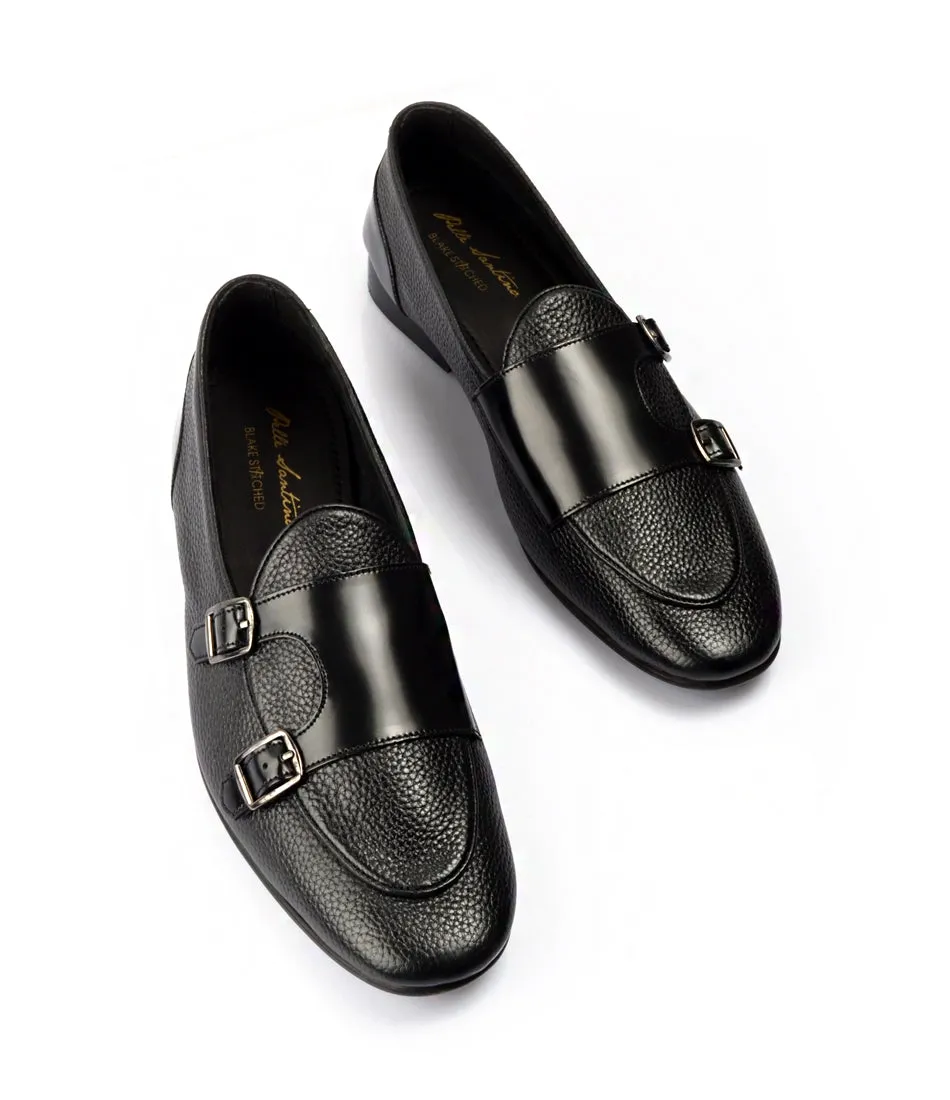 Black Milled Double Monk Loafers - Ultra-Flex