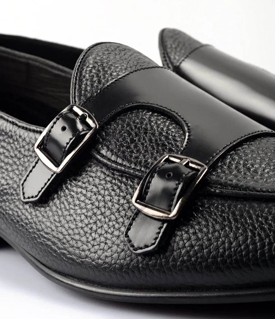 Black Milled Double Monk Loafers - Ultra-Flex