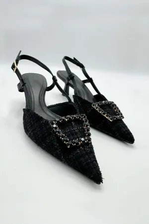 Clarrine Diamante Brooch Detail Pointed Toe Court Shoes in Black