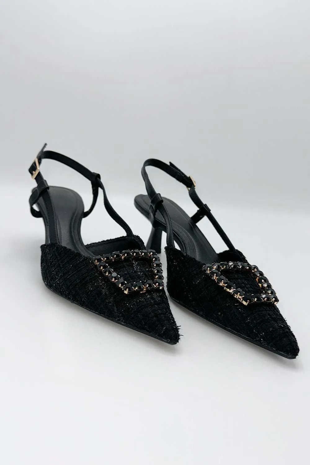 Clarrine Diamante Brooch Detail Pointed Toe Court Shoes in Black