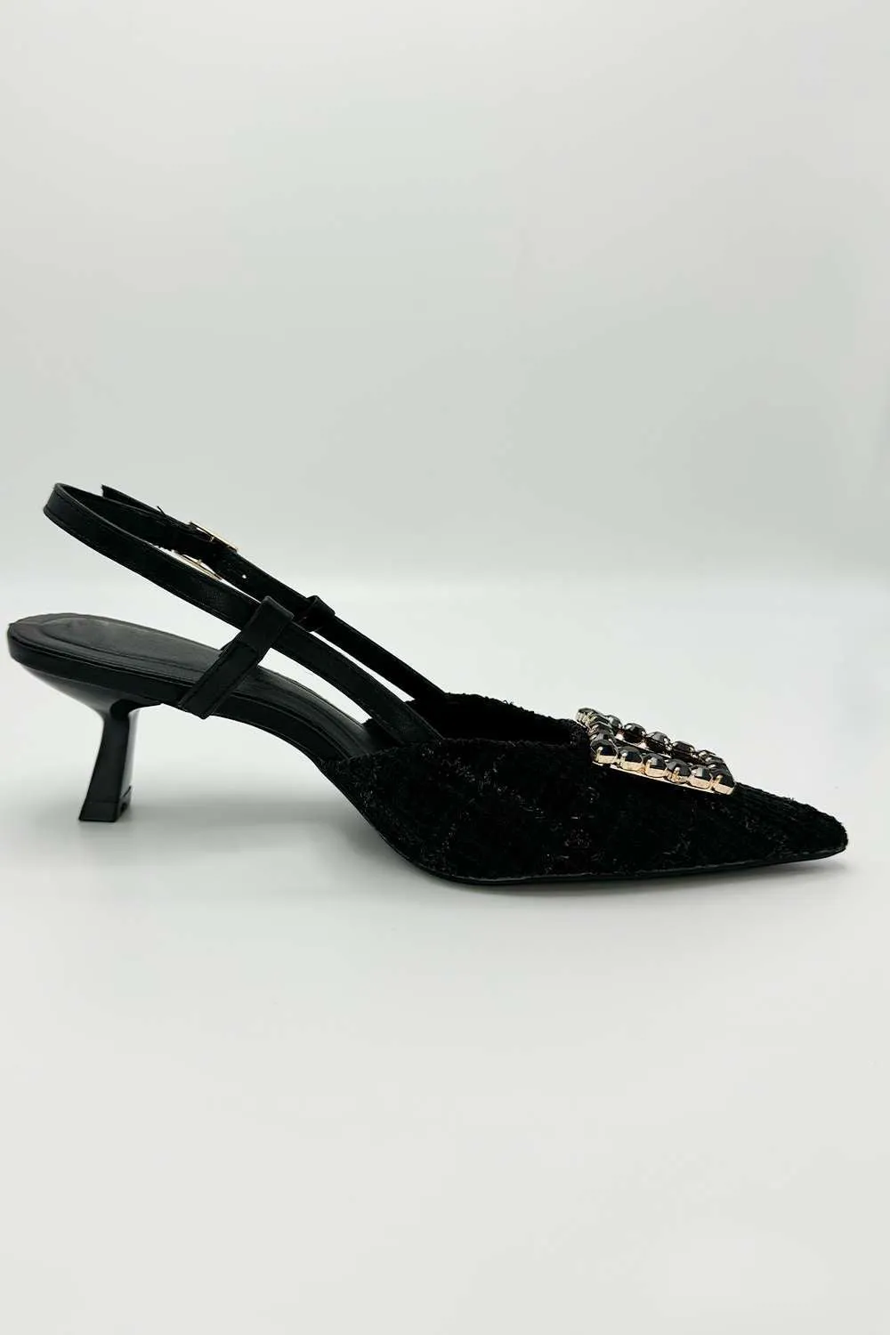 Clarrine Diamante Brooch Detail Pointed Toe Court Shoes in Black