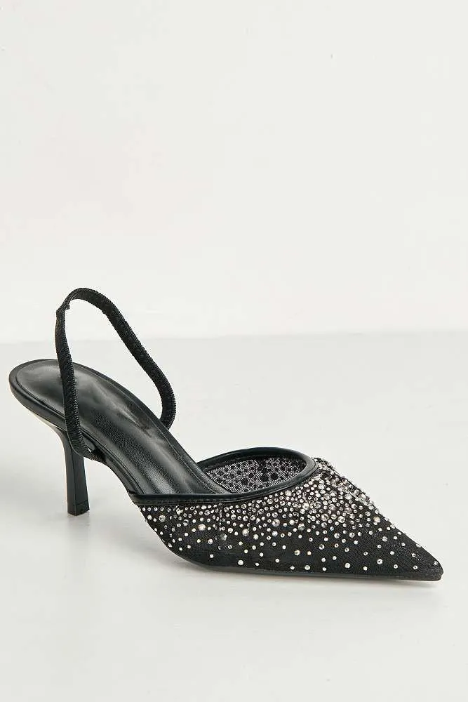 Cynthia Gemstone Embellished Mesh Slingback Court Shoes in Black