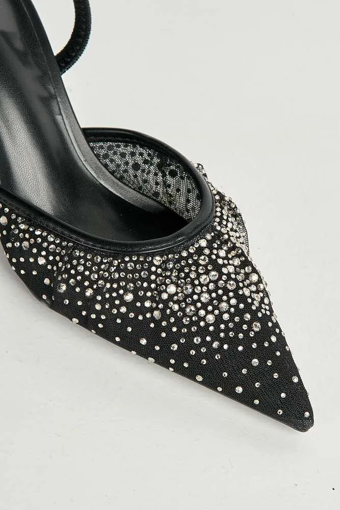 Cynthia Gemstone Embellished Mesh Slingback Court Shoes in Black