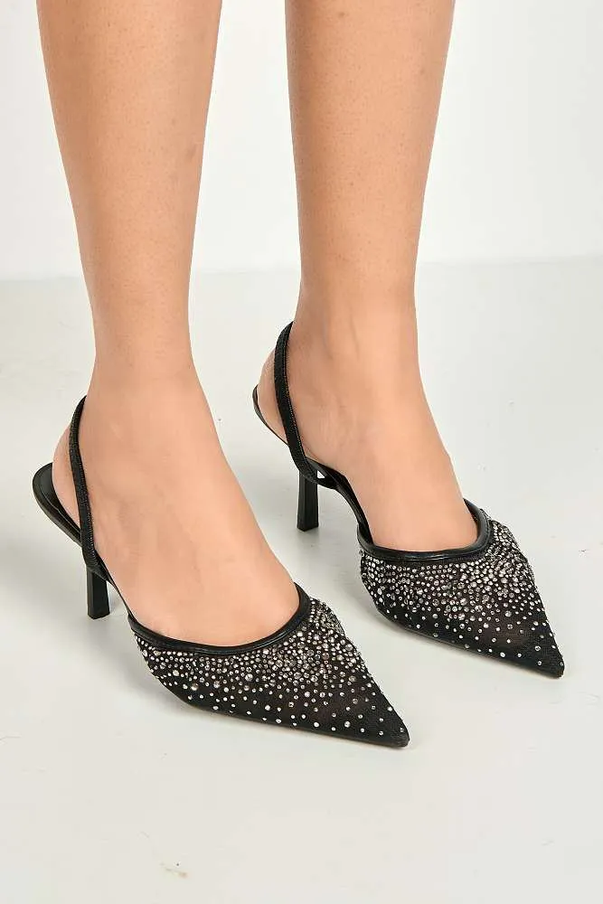 Cynthia Gemstone Embellished Mesh Slingback Court Shoes in Black