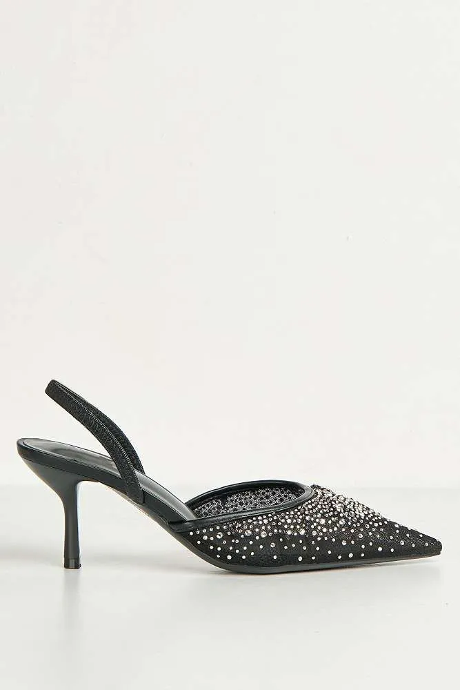 Cynthia Gemstone Embellished Mesh Slingback Court Shoes in Black