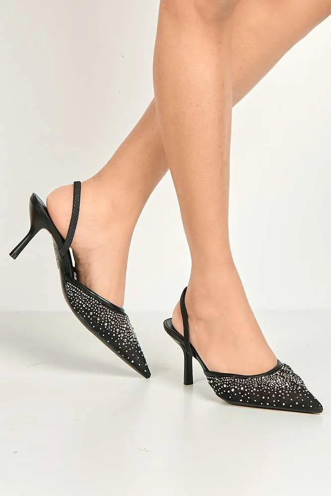 Cynthia Gemstone Embellished Mesh Slingback Court Shoes in Black